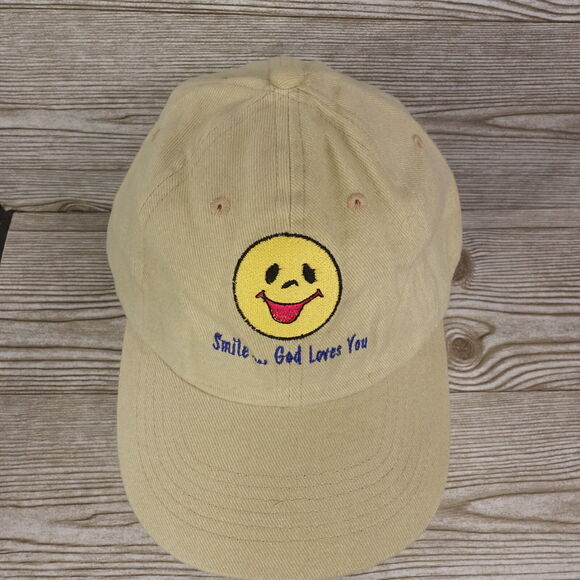 SMILE...GOD LOVES YOU BEIGE KHAKI ADJUSTABLE BASEBALL HAT CAP - Picture 3 of 8